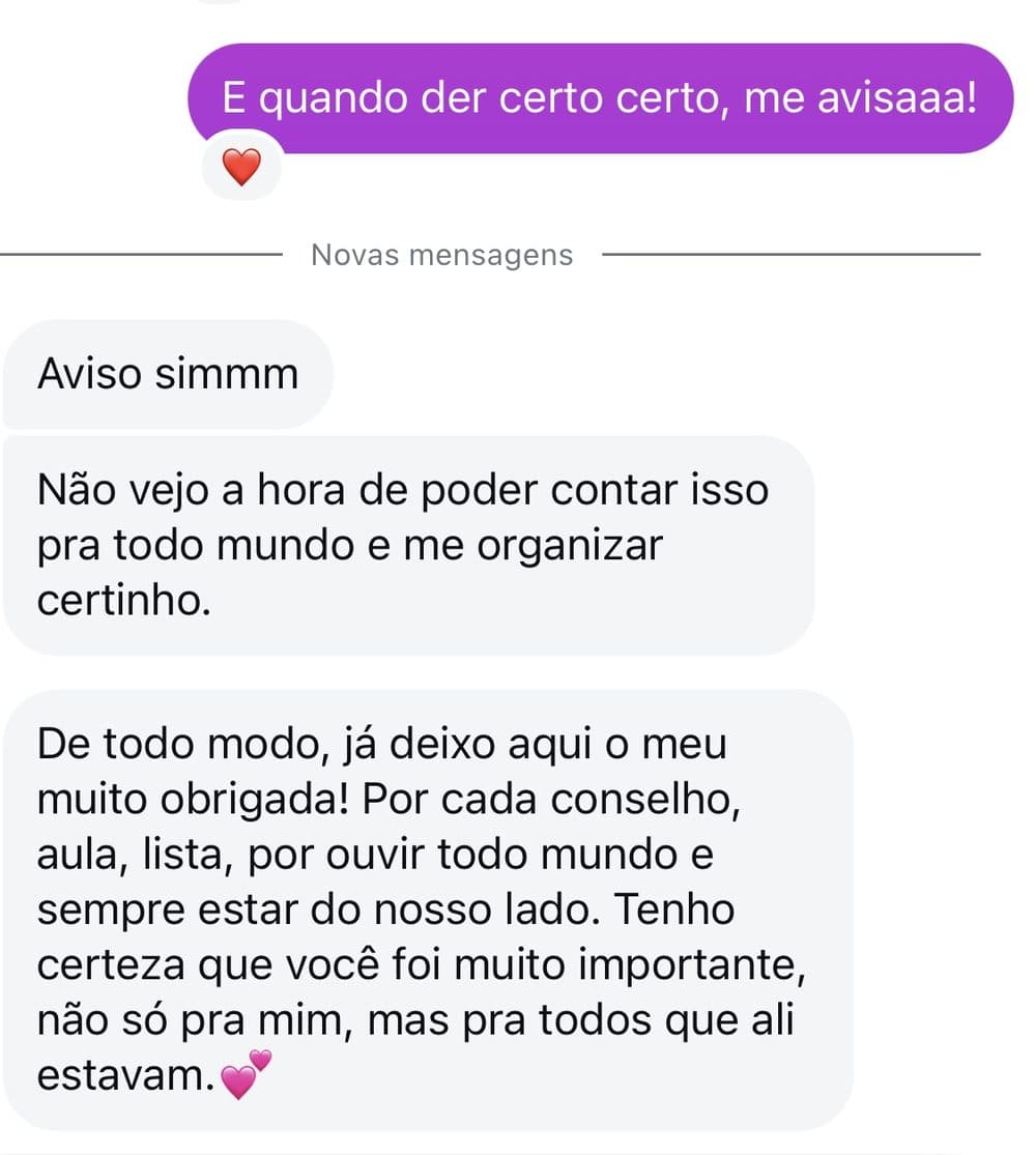 Mensagem de uma aluna aprovada, agradecendo o acompanhamento