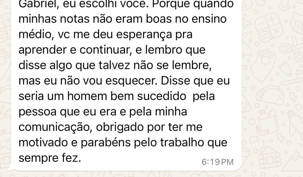 Mensagem de um aluno sobre o acompanhamento no Aprova-in