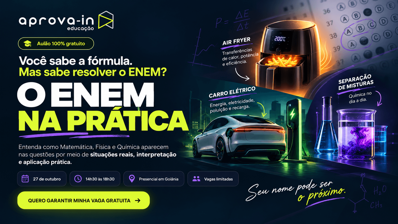 Ilustrações de air fryer, carro elétrico e separação de misturas — exemplos do tipo de situação que o ENEM cobra em Física, Química e Matemática